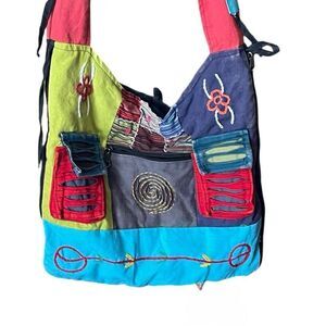 Boho crossbody bag slouchy patchwork distressed cotton bag.